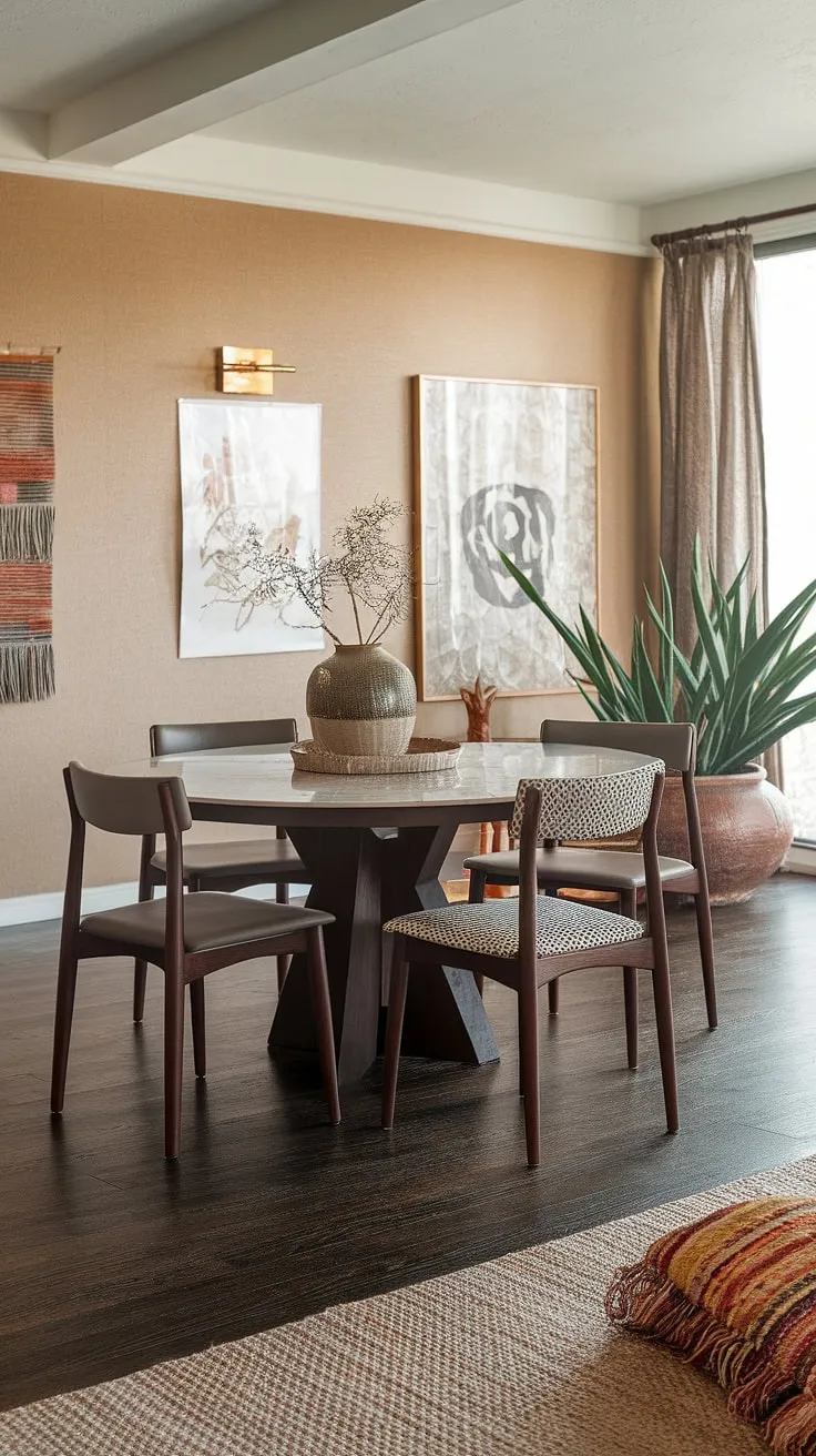 This sun-drenched dining room is a testament to timeless design. The round marble-topped table, surrounded by a mix of mid-century modern and bohemian chairs, creates a warm and inviting atmosphere perfect for a memorable meals and lively conversations. The textured walls and woven rug add depth and character to this beautifully curated space.