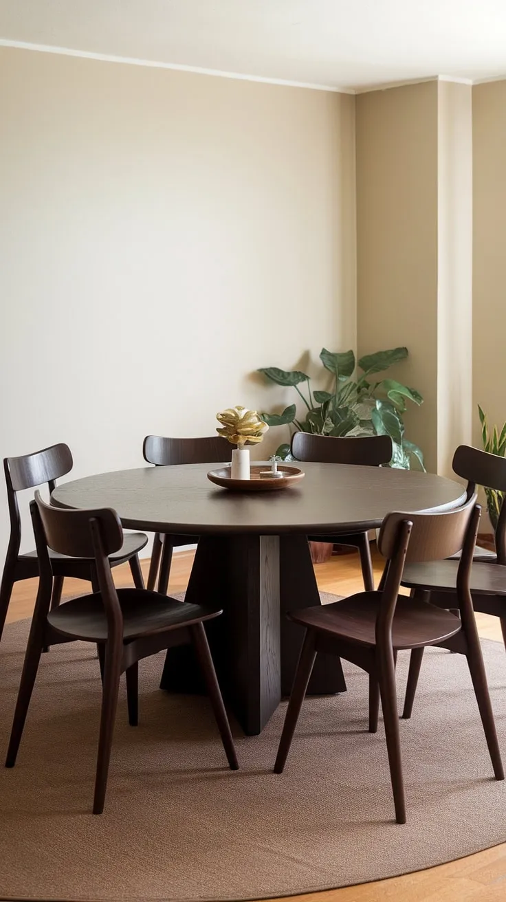 A symphony of mid-century design: the dark wood round table, A-frame chairs, and soft beige walls create a harmonious space where memories are made. This dining room is more than just a place to eat; it's a testament to classic style and understated sophistication.
