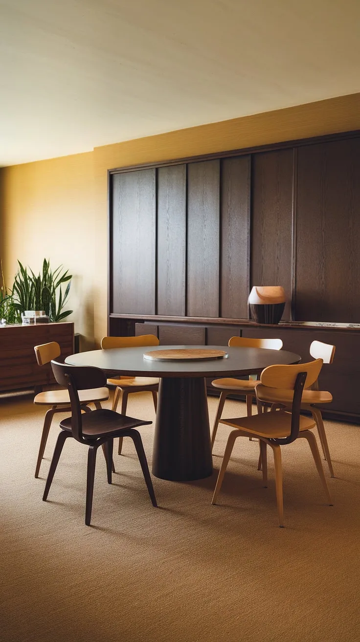 This mid-century modern dining room is a testament to timeless design. The carefully curated mix of light and dark woods, the elegant round table, and the subtle neutral palette all contribute to an atmosphere of understated sophistication and comfortable elegance. A true sanctuary for family and friends.