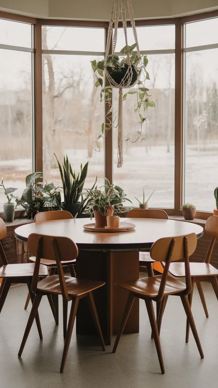 Gather 'round the table. This mid-century modern dining space, bathed in natural light, is a testament to timeless design. The eclectic mix of furniture and plants creates a welcoming atmosphere, perfect for sharing meals and creating lasting memories. A space where style meets comfort.