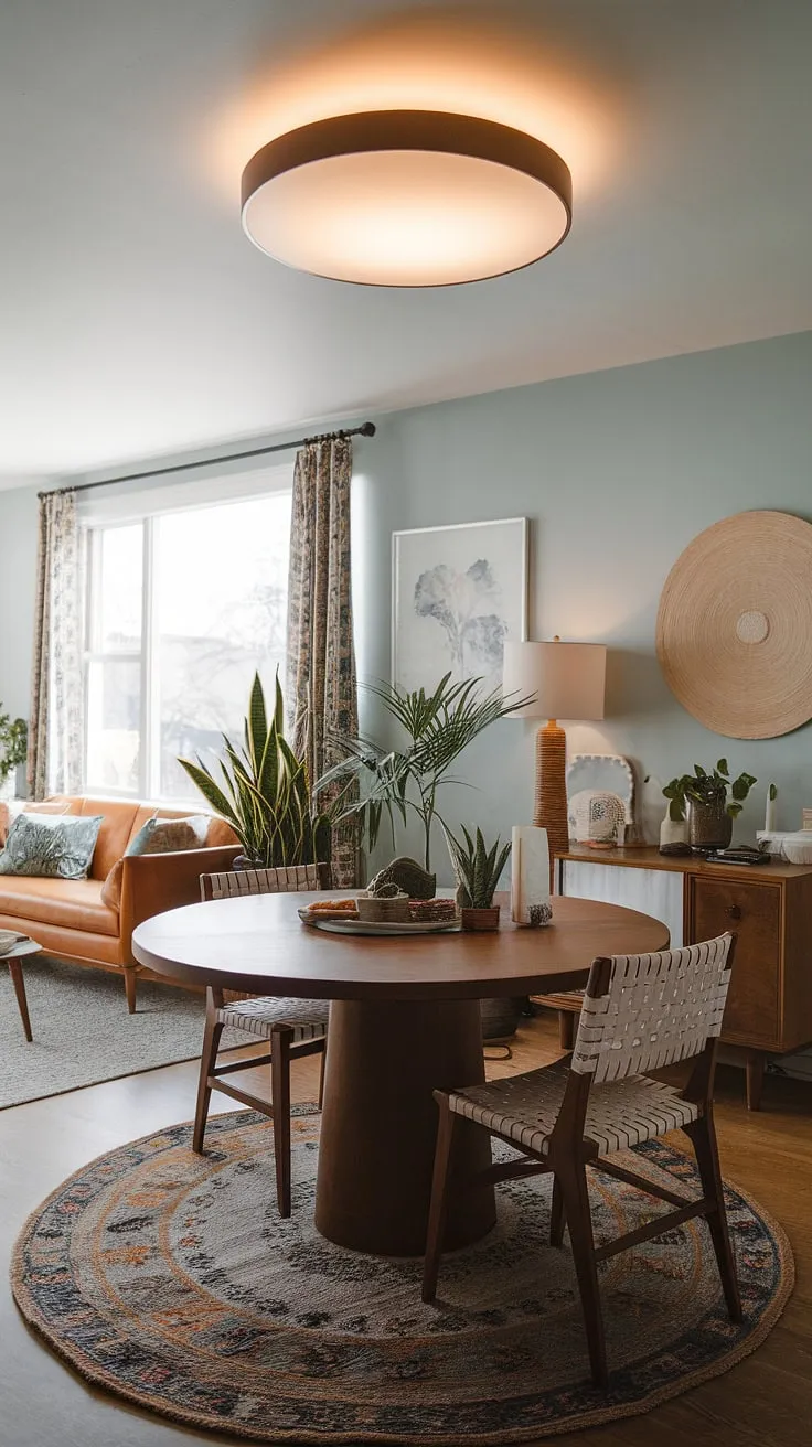 This light blue haven is more than just a dining room; it's a sanctuary. The carefully curated mix of mid-century furniture, bohemian accents, and lush greenery creates a space that's both stylish and incredibly comfortable. The round table, bathed in the soft glow of the overhead light, invites conversation and connection.
