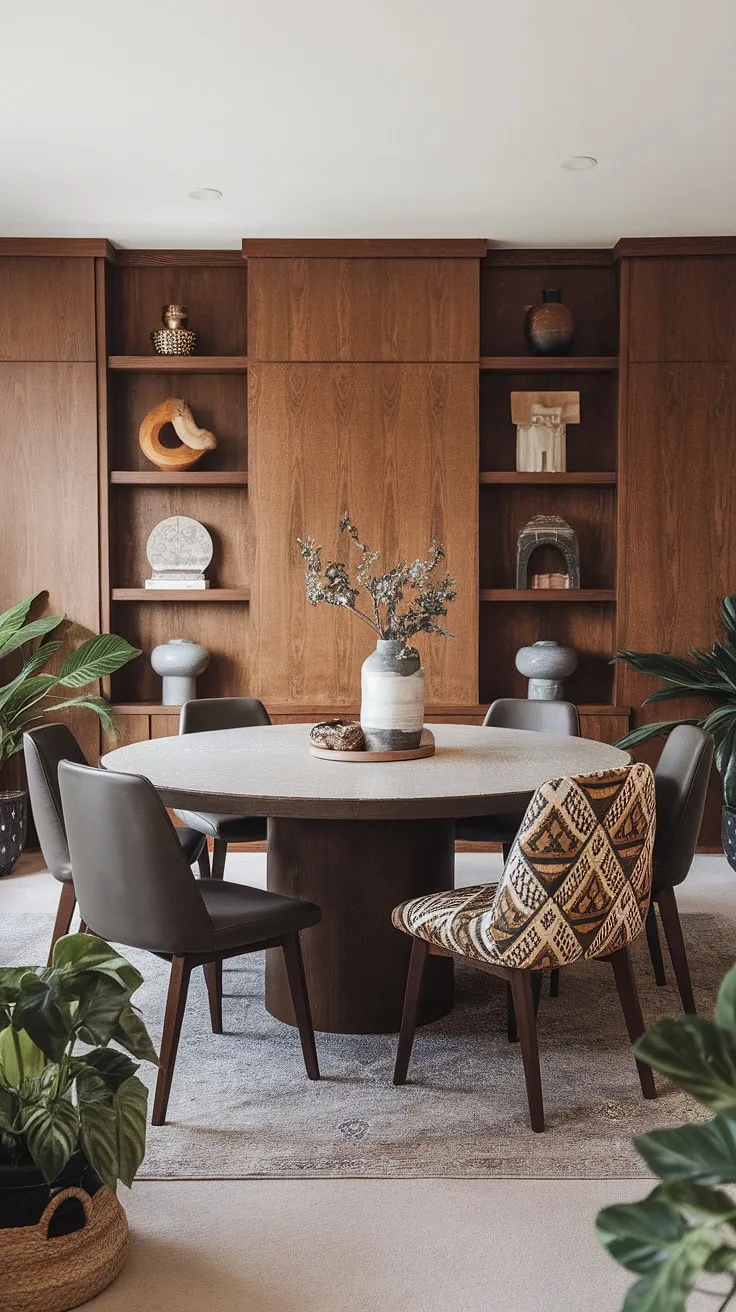 This mid-century modern dining room is a testament to curated living. The round table, a focal point of the space, is dressed in crisp white, while the bold patterned chairs add a playful touch. Built-in shelves display carefully chosen decorative items, reflecting the homeowner's unique personality and creating a space that is both stylish and inviting. A true reflection of personal style.
