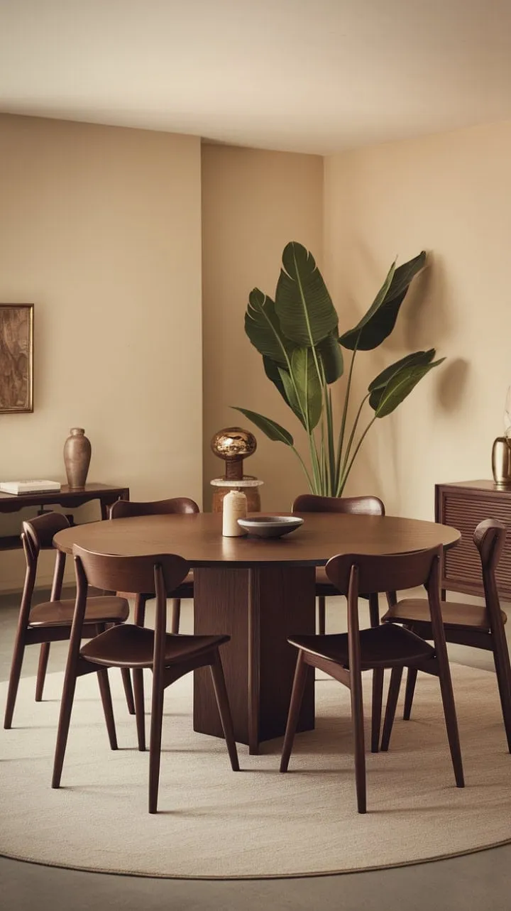 This mid-century modern dining room blends warmth and elegance with rich dark wood and soft beige tones, crafting an inviting backdrop for cherished moments.