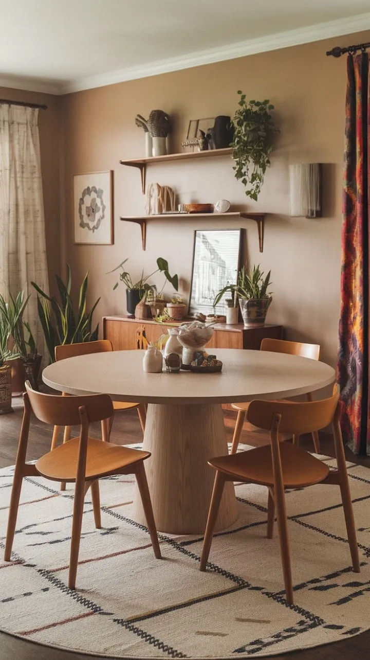 This mid-century dining room, with its warm wooden table and eclectic mix of patterns, invites connection and celebrates the art of curated charm.