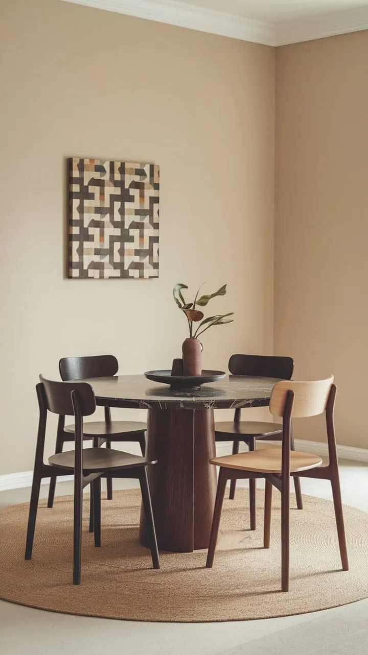 This dining space elegantly blends mid-century modern and contemporary styles, featuring a dark wood table, light chairs, and a striking geometric painting for a sophisticated yet artistic ambiance.