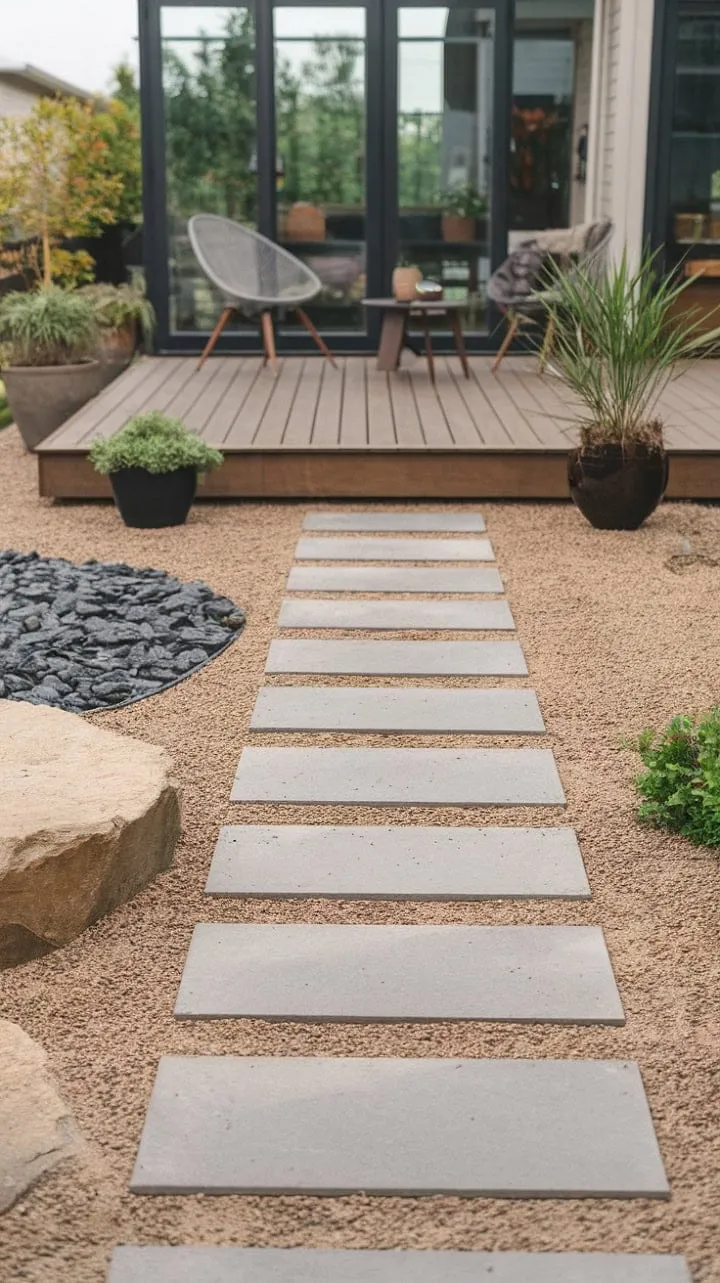 This serene backyard oasis features a winding gravel path leading to a cozy wooden deck, seamlessly merging nature with elegant design for ultimate relaxation.