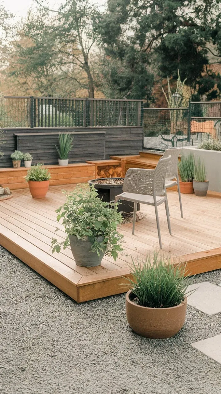 Nestled among potted plants and gravel pathways, this wooden deck fire pit promises cozy evenings filled with warm conversations amidst tranquil greenery.