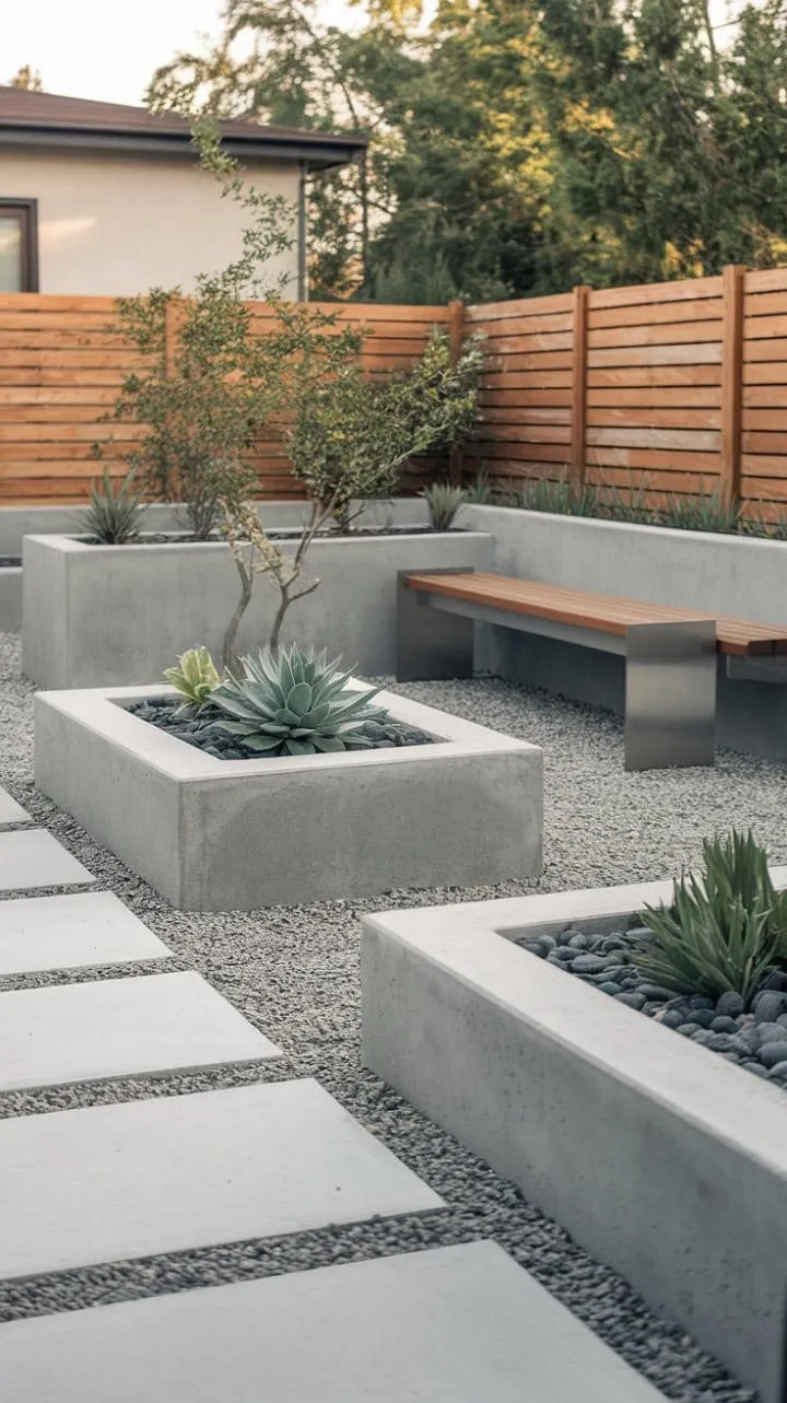 In a tranquil oasis where modern minimalism intertwines with nature, concrete planters and a sleek bench cradle thriving succulents and trees along a soothing gravel path.