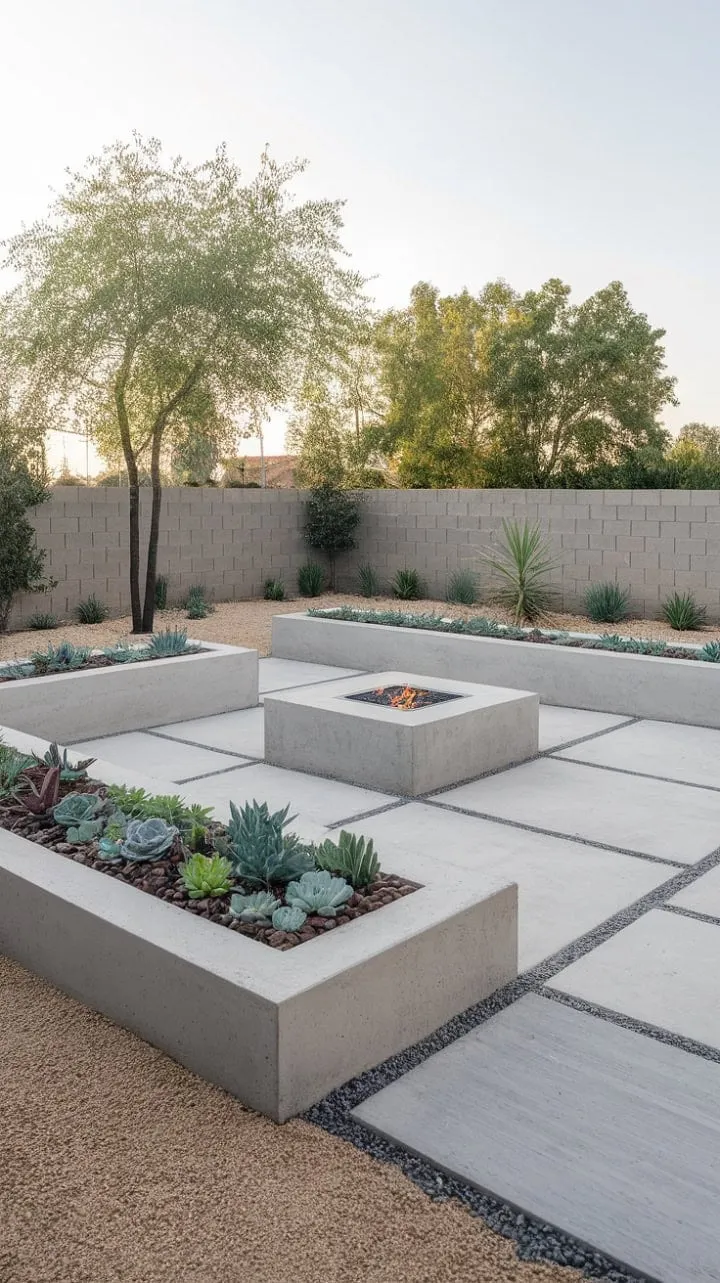 A serene outdoor retreat blends modern minimalism with warmth, featuring a concrete patio, a central fire pit, and succulent-filled planters amidst gravel and lush greenery.