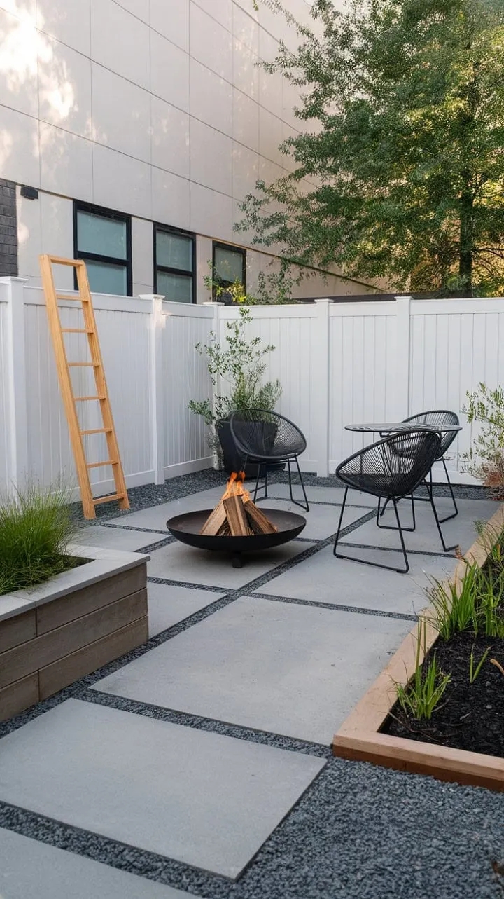 This modern backyard oasis, featuring a gray concrete patio and cozy fire pit, offers a serene retreat for relaxation and conversation amidst lush greenery.