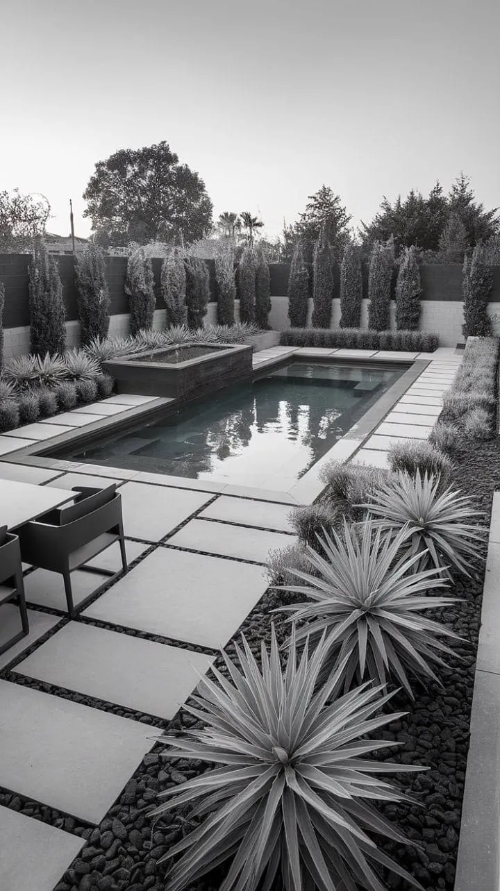 This contemporary backyard blends sculptural planting and sleek lines in a serene monochromatic palette, creating a stylish retreat for modern living.