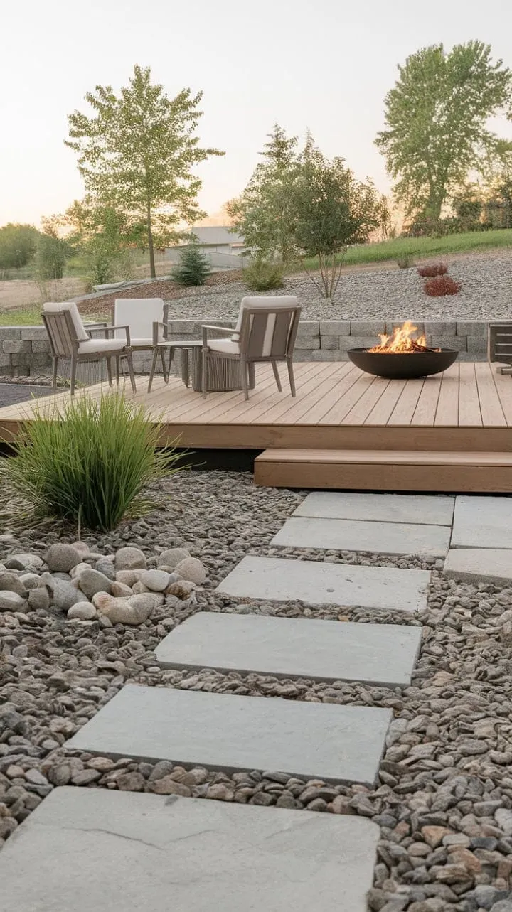 Discover a meticulously crafted backyard oasis, where a stone path guides you to a welcoming deck, ideal for cozy gatherings around the fire pit amidst nature's tranquility.