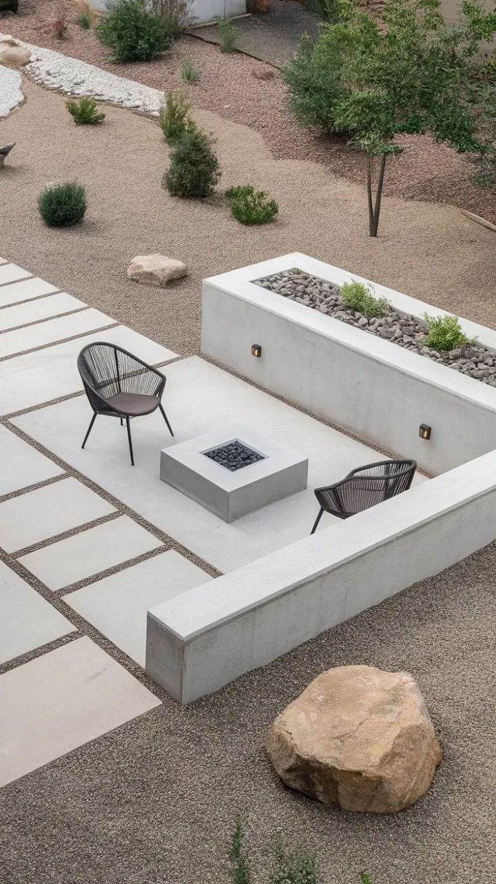 This serene backyard blends modern minimalism with nature, featuring a sleek concrete patio, cozy fire pit, and calming rock placements within a tranquil, enclosed space.