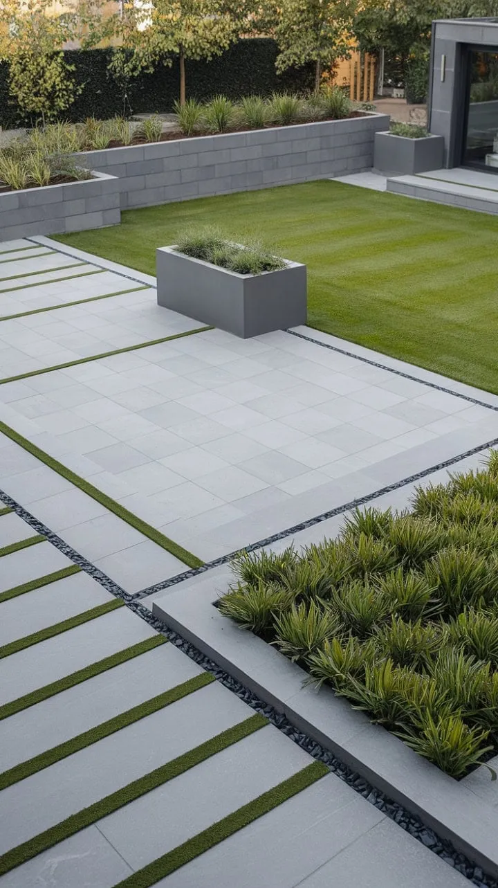 This elevated patio, adorned with grey stone and lush greenery, epitomizes modern outdoor living as a serene sanctuary for reflection and elegance.