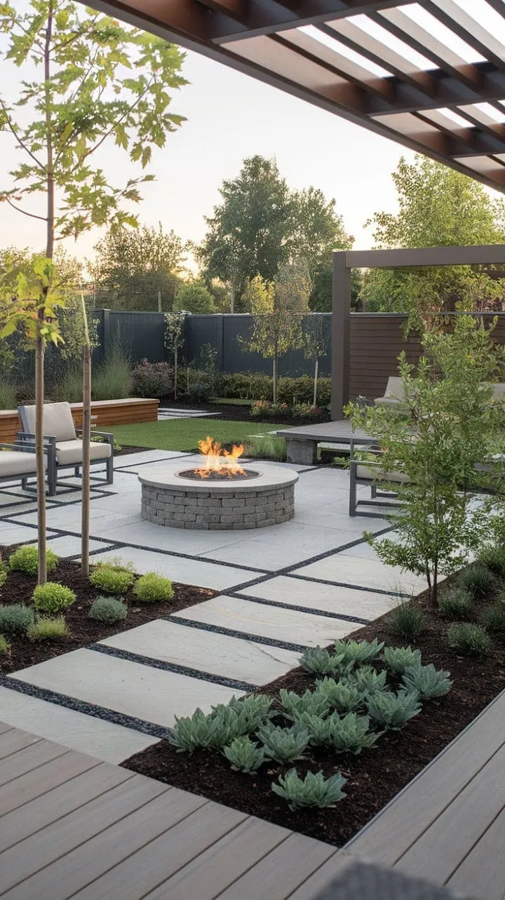 Transform your backyard into a serene oasis with a stylish minimalist design featuring a stone patio, wooden deck, and a cozy pergola-covered fire pit surrounded by lush landscaping.