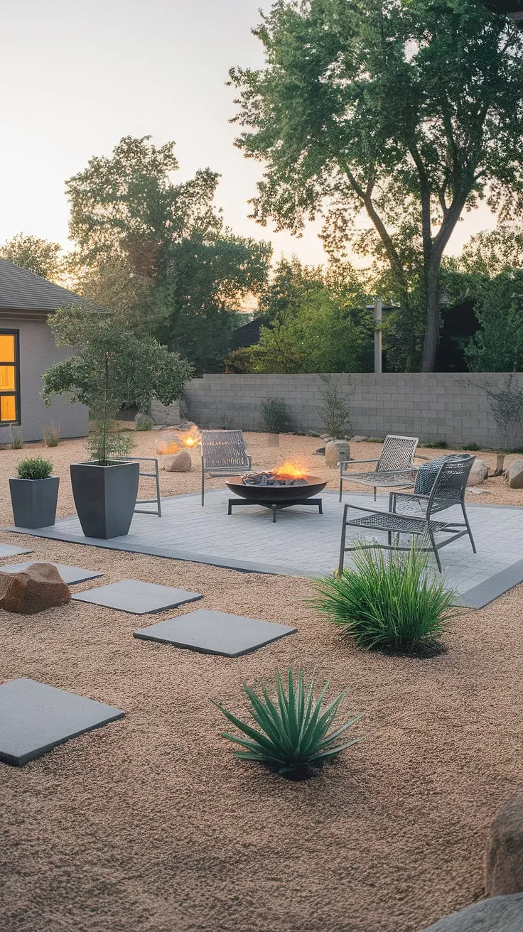 Serene evenings unfold in this minimalist backyard oasis. The gentle glow from the house complements the warm fire pit, creating an inviting atmosphere perfect for quiet contemplation or lively conversation. A thoughtfully designed space, it's a testament to the power of simple elegance.