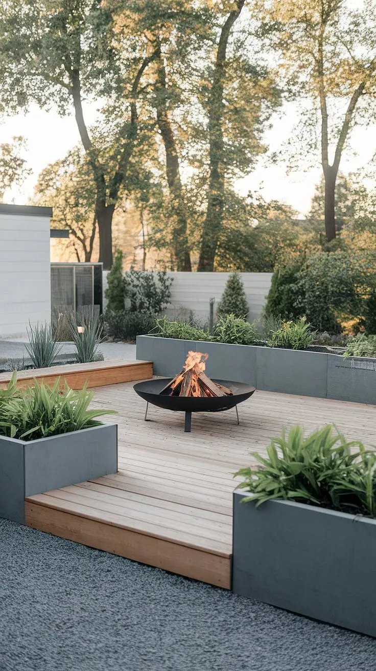 A minimalist backyard oasis. The grey stone ground, the sleek wooden deck, the subtle greenery in the planters – all elements working together to create a space of calm and understated elegance. A place to unwind and reconnect with nature. A dream come true.