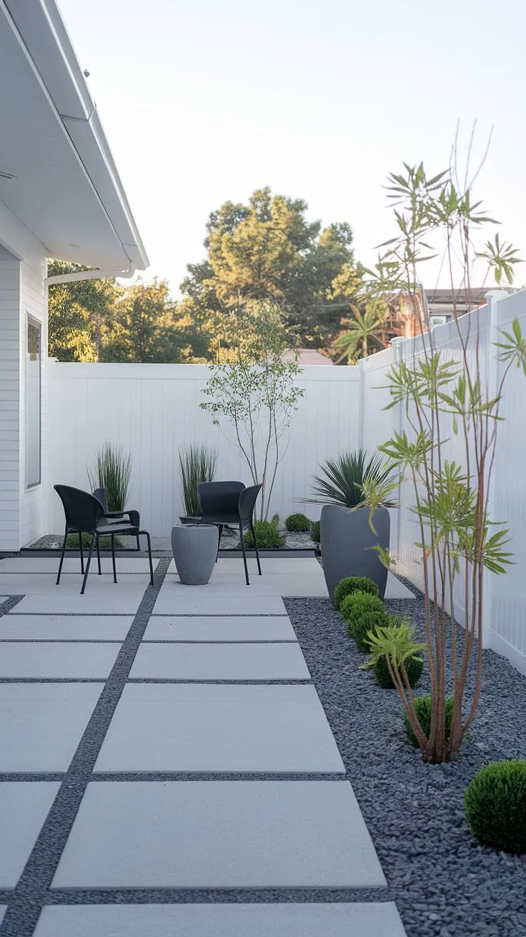 Serene simplicity. A minimalist oasis crafted with clean lines, grey paving, and the calming presence of greenery, creating a perfect spot for quiet contemplation. A testament to understated elegance.