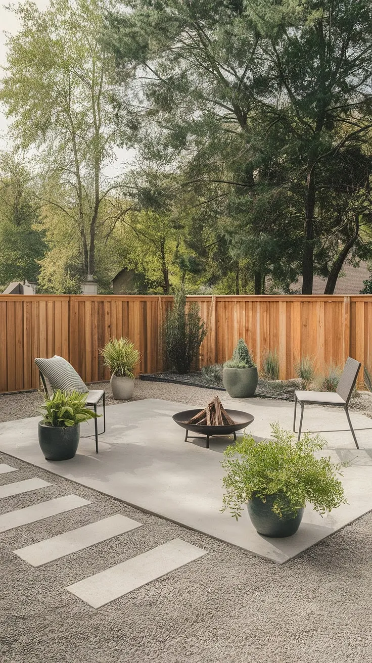 Evenings spent by the fire pit, surrounded by the calming sounds of nature and the gentle glow of the flames. This modern backyard oasis, complete with a concrete patio and thoughtfully placed potted plants, is the perfect spot for relaxation and connection. A true sanctuary.