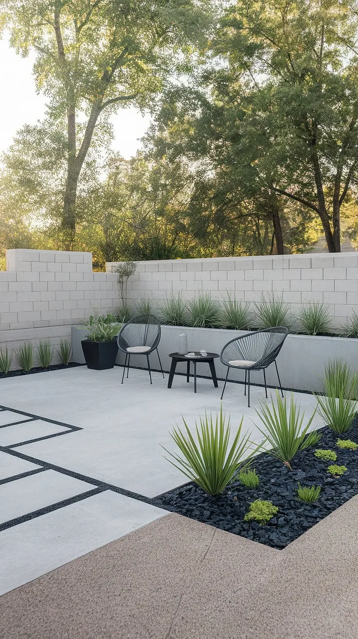 Serene simplicity defines this minimalist backyard oasis. The clean lines of the concrete patio, punctuated by thoughtfully placed potted plants, create a tranquil retreat. A perfect spot for quiet contemplation and enjoying the surrounding greenery.