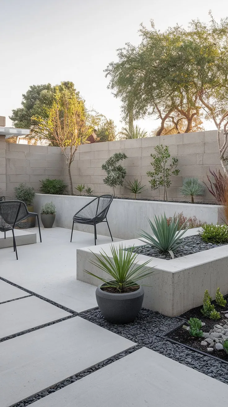 A tranquil escape awaits. This minimalist backyard design, featuring a concrete patio, carefully curated potted plants, and a low concrete wall, offers a perfect blend of modern aesthetics and natural beauty. The result is a sophisticated and relaxing outdoor haven.