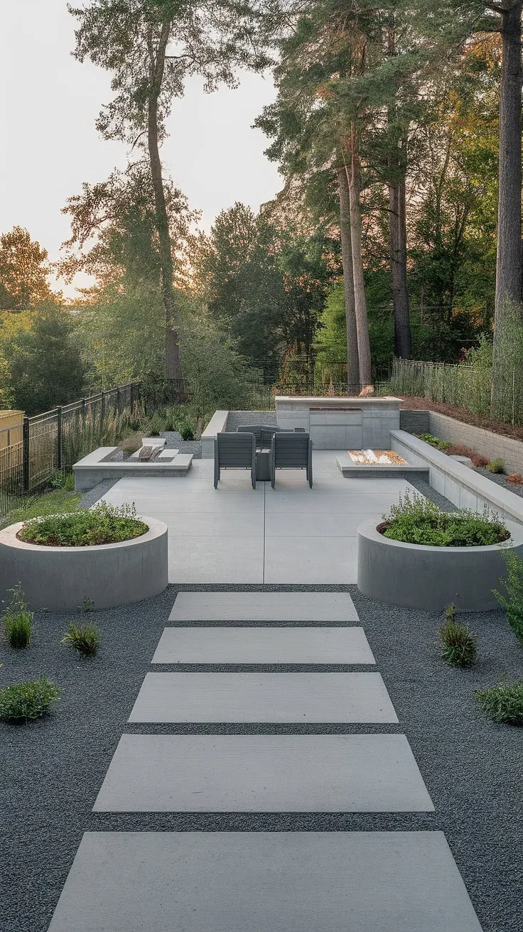 Modern minimalism meets tranquil escape. The sleek concrete patio, punctuated by lush greenery in oversized planters, offers a serene setting for quiet evenings by the fire pit. A perfect blend of form and function, this outdoor space is an oasis of calm.