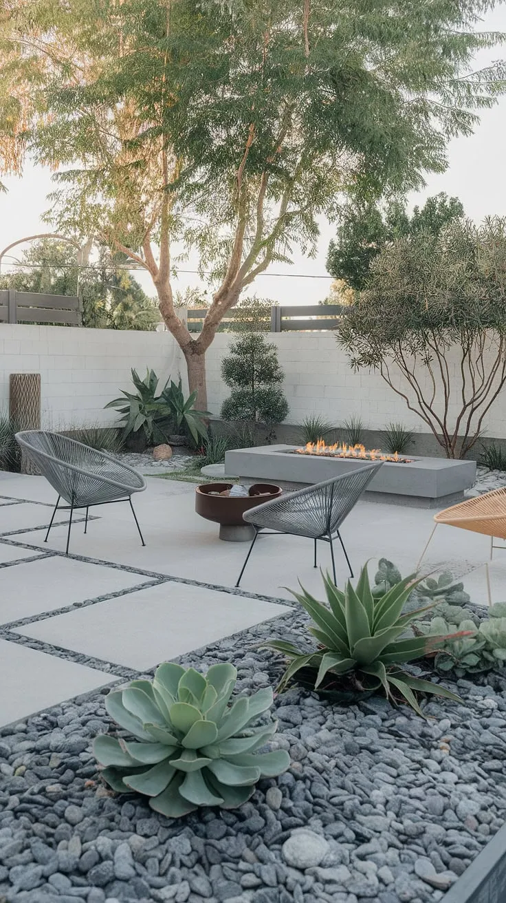 A minimalist backyard retreat, where the grey patio seamlessly blends with the natural beauty of the surrounding plants. A space designed for relaxation and connection, under the open sky. A sanctuary for the soul.