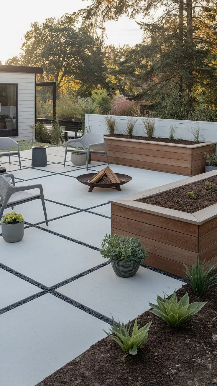 A sanctuary of serenity. This meticulously designed backyard features clean lines, a calming color palette, and functional elements like a fire pit and raised planter boxes, creating A peaceful retreat for relaxation and entertaining.
