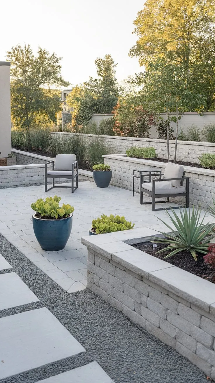 A tranquil escape awaits. This meticulously designed backyard features a paved patio, a carefully curated collection of potted plants, and a gravel ground cover, all contributing to a sense of peaceful sophistication. The low stone wall adds a touch of understated elegance, creating a haven for relaxation and enjoyment.