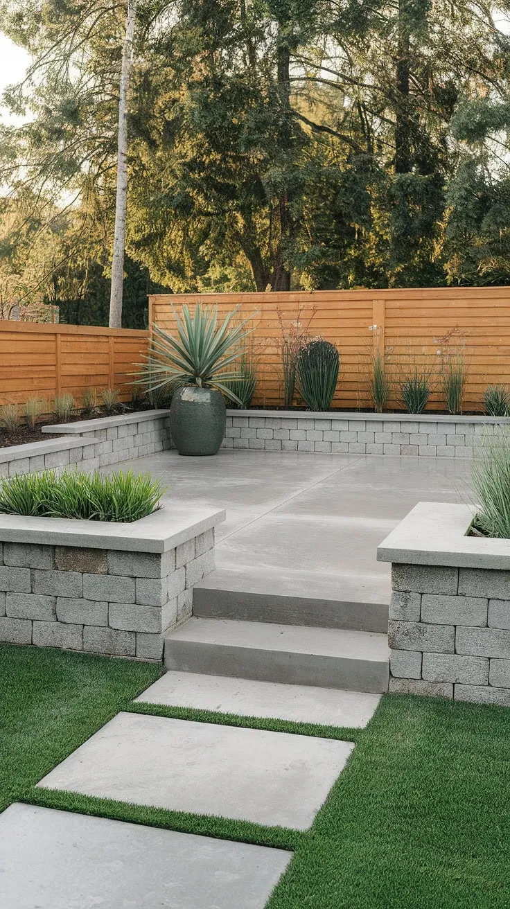 A meticulously crafted outdoor space, this backyard features a contemporary concrete patio, framed by a low stone wall and lush greenery. The simple elegance of the design, accented by large potted plants, provides a peaceful retreat, perfect for relaxation and entertaining.