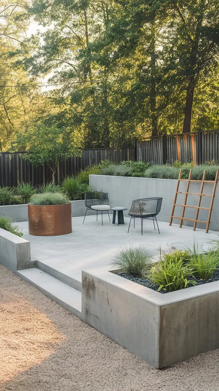Modern backyard oasis. The clean lines of the concrete patio, punctuated by lush greenery in oversized planters, create a serene escape. A simple wooden ladder adds a touch of rustic charm against the low wall, while gravel pathways lead the eye towards the tranquil backdrop of trees and fence. This space is perfect for quiet contemplation and enjoying the simple pleasures of outdoor living.