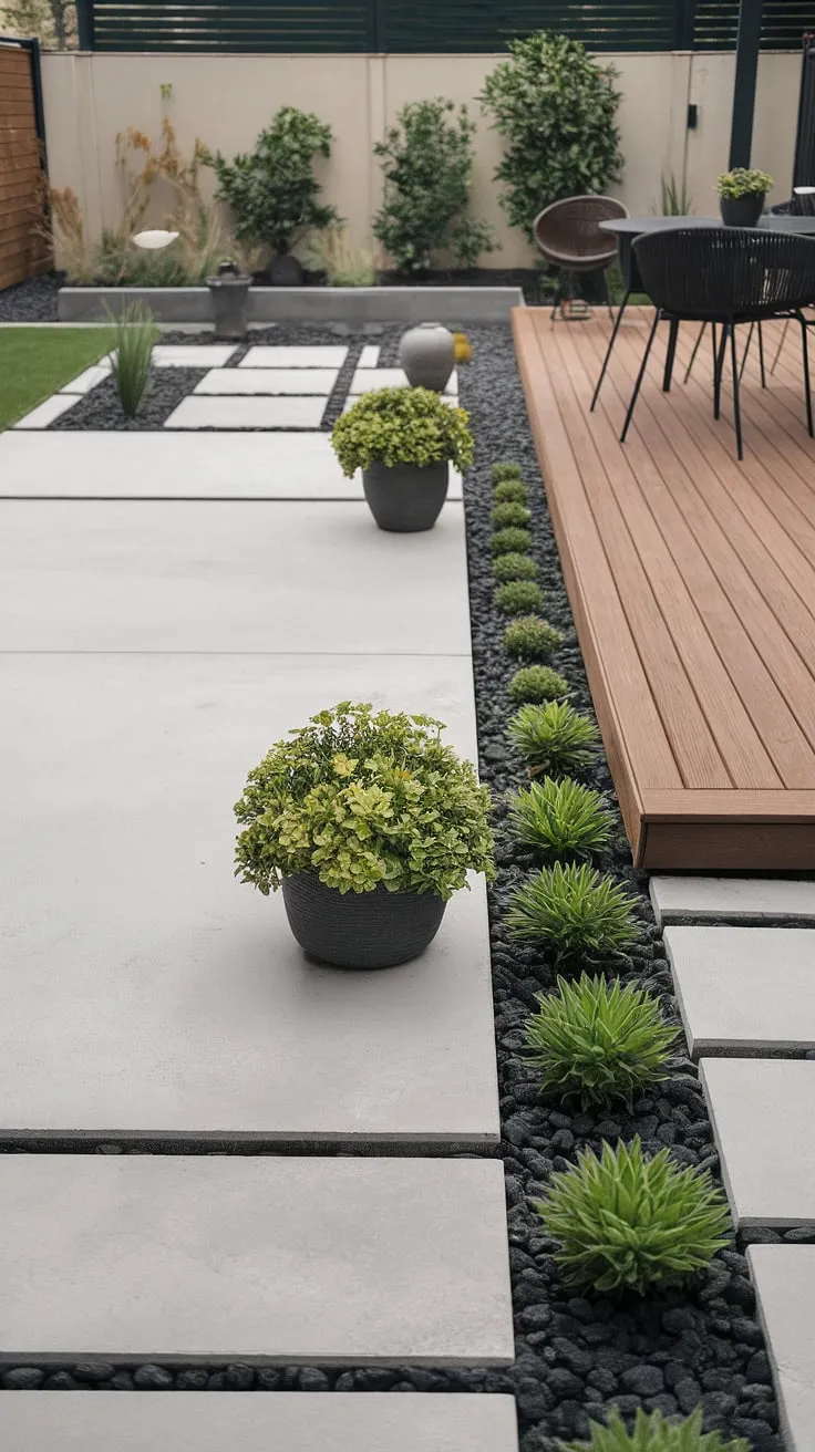 A sophisticated outdoor living space defined by clean lines and natural materials. The concrete patio and wooden deck create a harmonious flow, while strategically placed potted plants inject life and vibrancy into this minimalist design. A perfect setting for quiet contemplation or lively gatherings.
