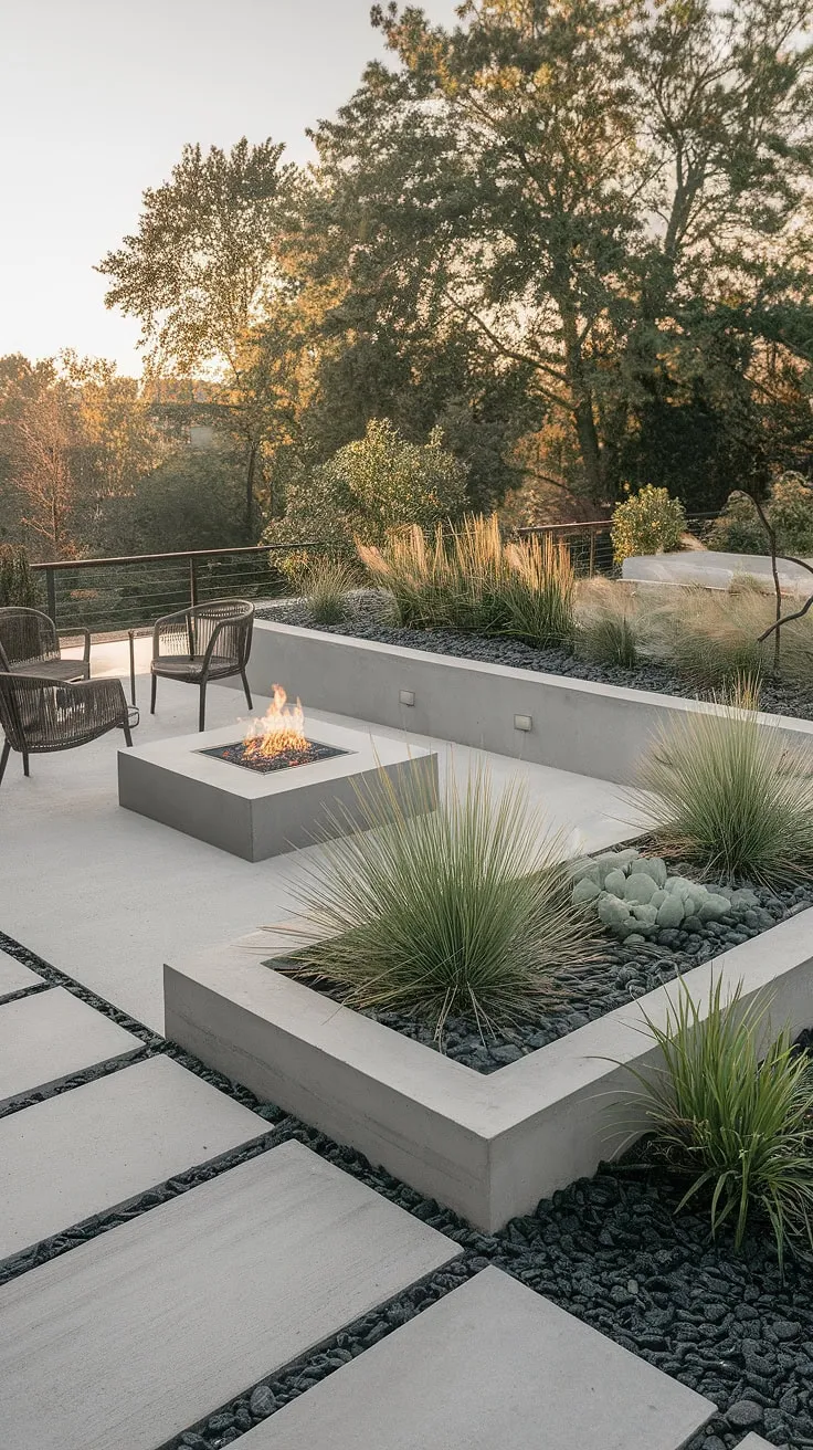 This meticulously planned backyard is a sanctuary of calm. A sleek concrete patio, punctuated by a central fire pit, provides a stunning focal point. Low, square planters and a raised bed brimming with succulents and grasses add texture and visual interest. The black pebbles complete the sophisticated, modern aesthetic. A true reflection of refined outdoor living.