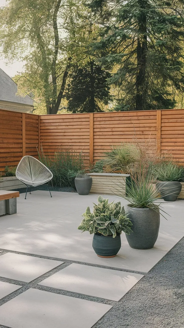 This tranquil backyard oasis, complete with a sleek concrete patio and thoughtfully placed potted plants, offers the perfect spot for quiet contemplation. The gravel pathway and wooden fence create a serene atmosphere, while the white chair and bench invite you to relax and enjoy the a ambiance.