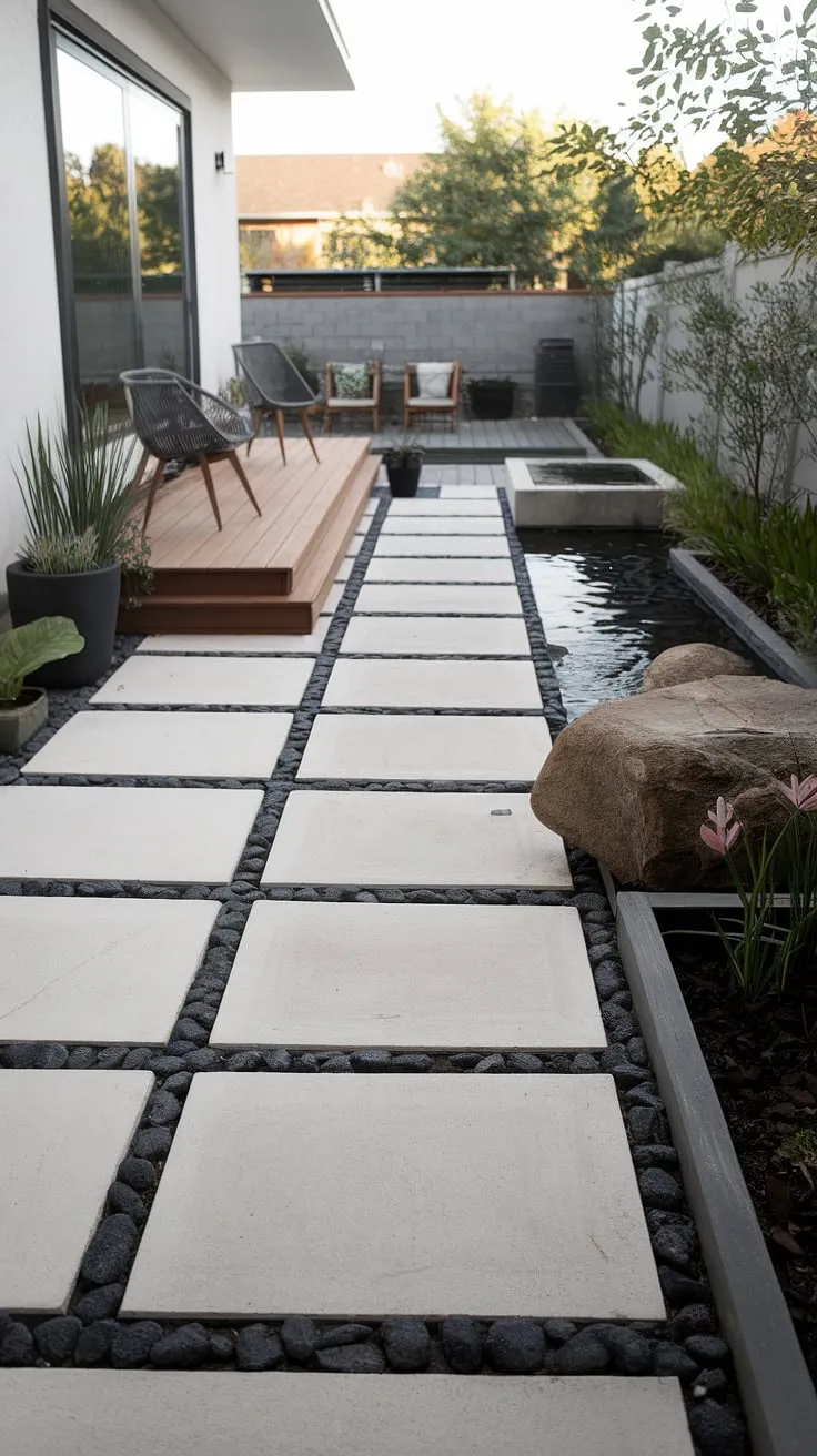 Find your inner peace in this thoughtfully designed backyard. The interplay of textures-smooth concrete, warm wood, and rough-hewn stone-creates a visually captivating space. A minimalist aesthetic is achieved through clean lines, a neutral color palette, and the incorporation of natural elements, resulting in a serene and inviting outdoor retreat. The gentle sounds of the water feature enhance the tranquil atmosphere.