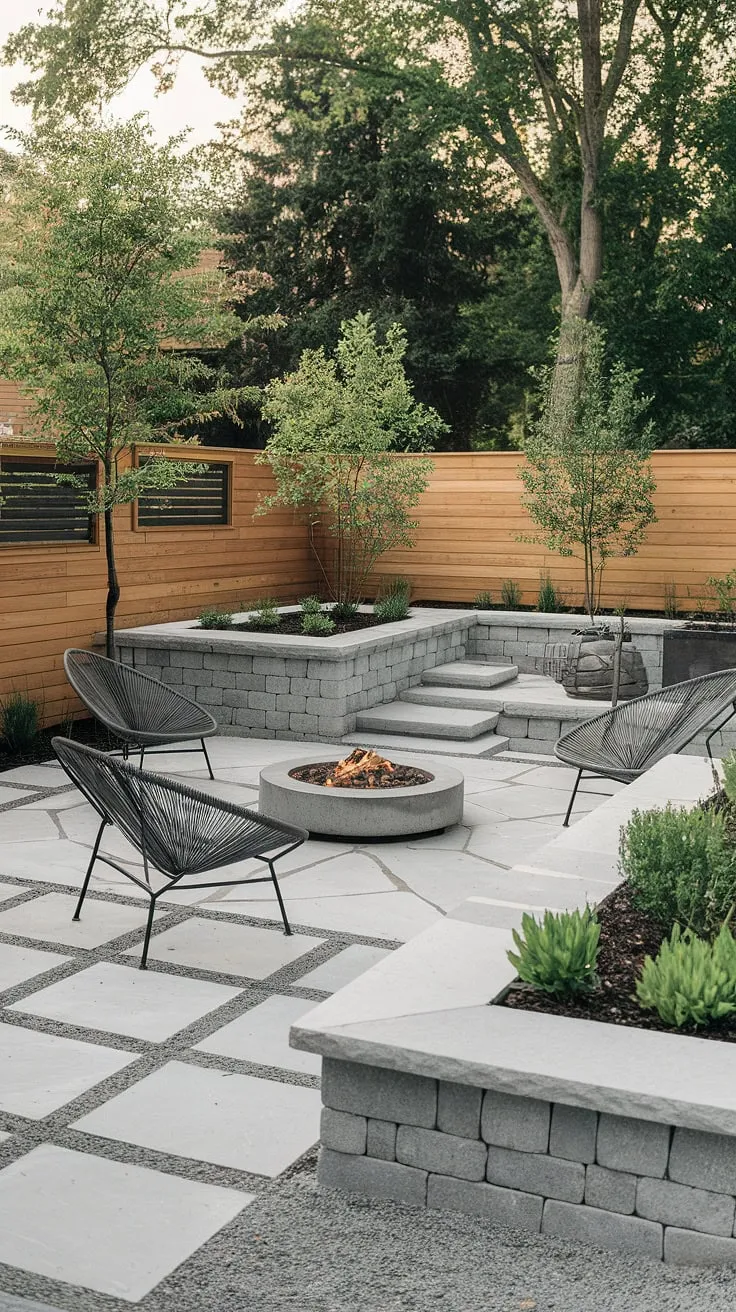 Unwind in this tranquil outdoor oasis. The minimalist design, featuring a stone patio, cozy fire pit, and thoughtfully placed greenery, creates the perfect atmosphere for relaxation and conversation. A raised planter adds vertical interest, while the gravel pathway and wooden fence complete the serene ambiance. A true escape from the everyday.