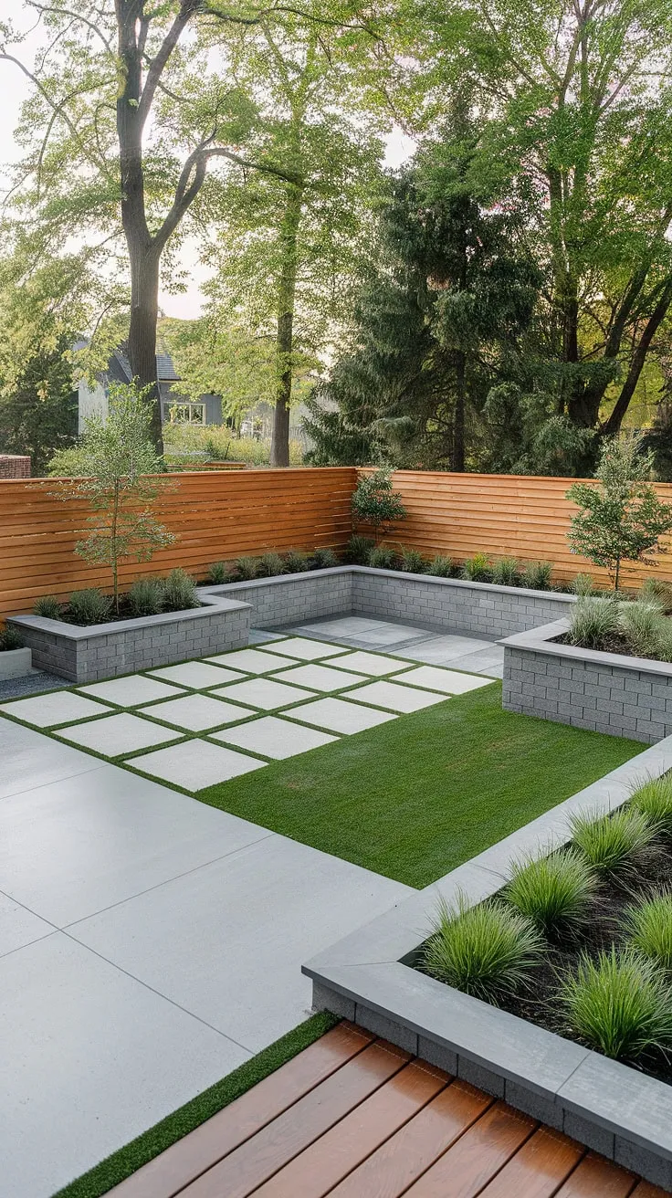 Clean lines, natural textures. This minimalist backyard design seamlessly blends concrete patio, wooden deck, and lush greenery, creating the perfect outdoor oasis. A tranquil escape awaits.