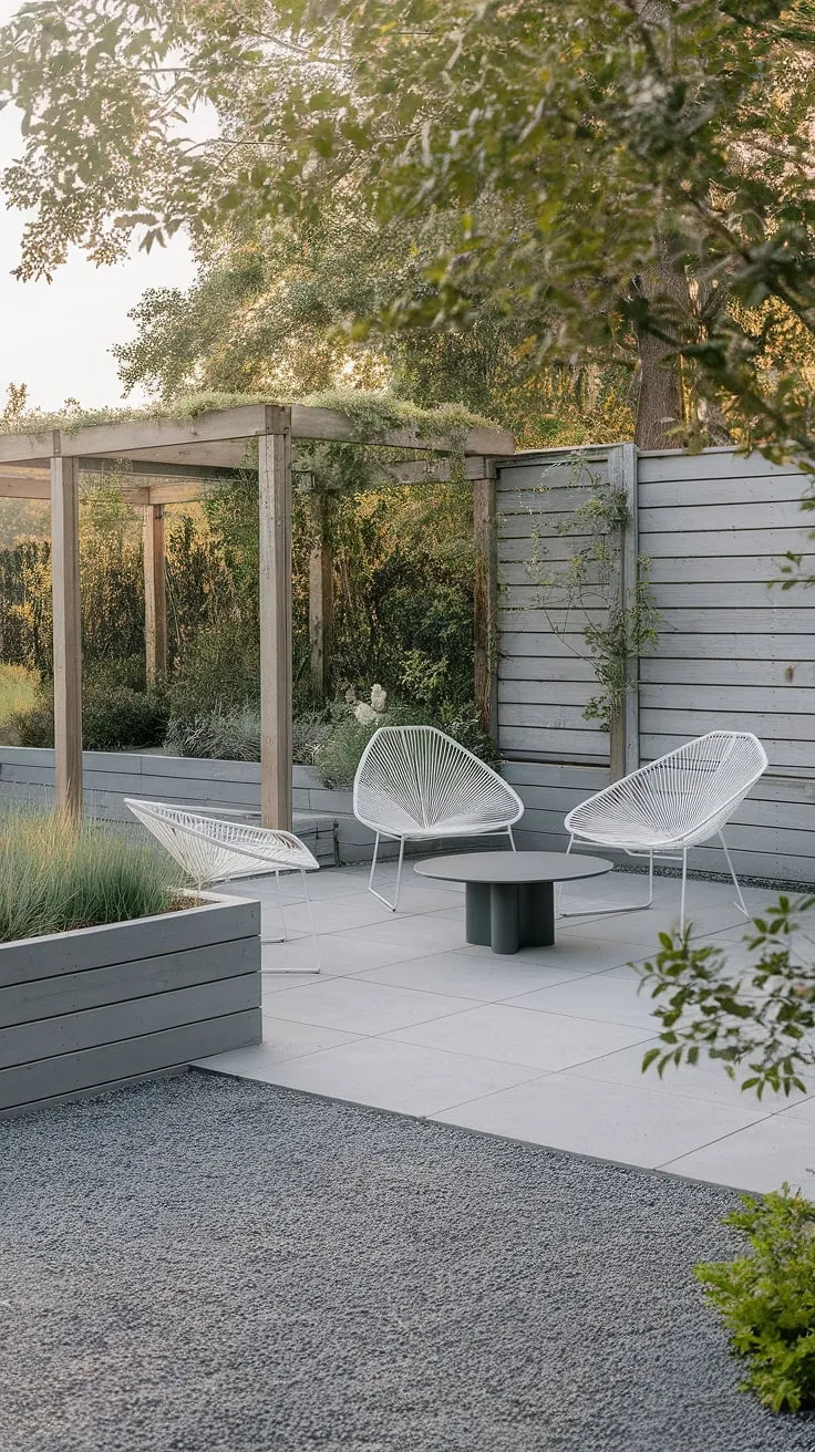 A modern backyard retreat, designed for effortless entertaining. The gray patio, white chairs, and round table create a clean and inviting space, while the wooden pergola and lush greenery add a touch of natural beauty. A place to unwind and reconnect.