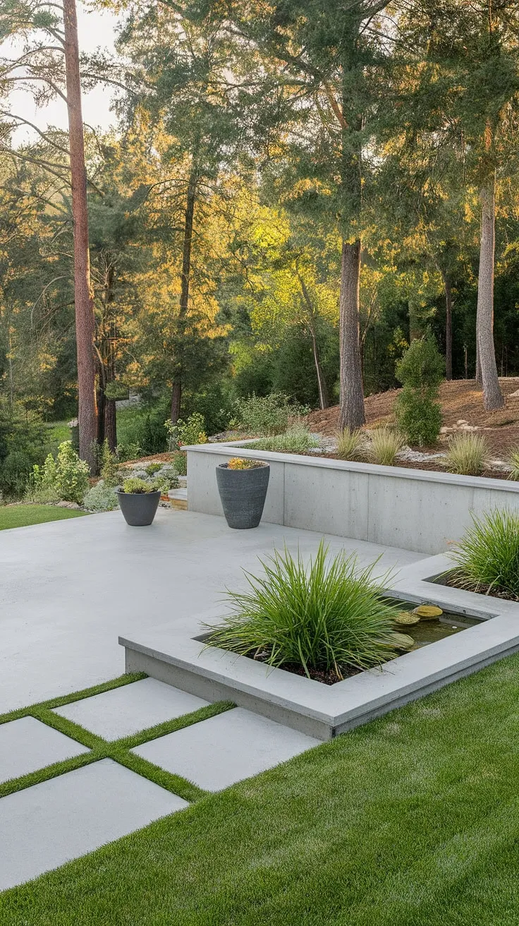 Step down and escape to your own private sanctuary. This meticulously landscaped backyard, complete with a serene water feature and ample potted plants, offers a peaceful escape from the everyday. The concrete patio provides the perfect spot for relaxation and entertaining.