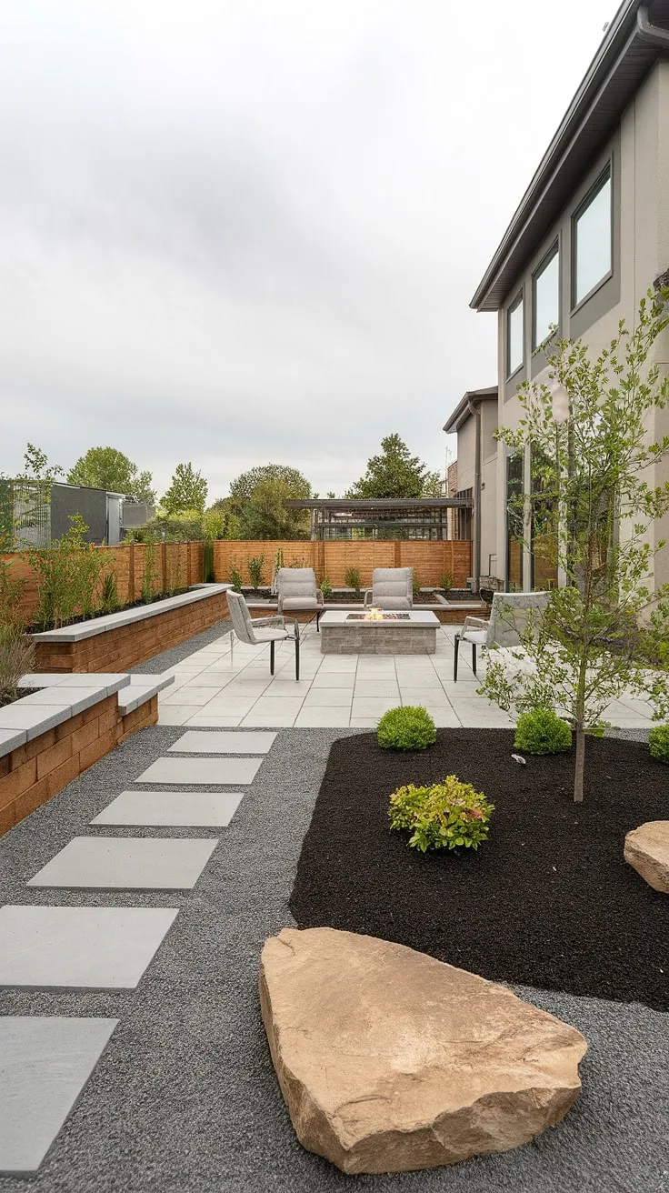 Unwind in this tranquil backyard oasis. The stone patio, cozy fire pit, and thoughtfully placed landscaping create the perfect setting for quiet evenings and intimate gatherings. A low wooden fence adds a touch of privacy, while the gravel pathway and strategically placed rocks enhance the natural beauty of the space.
