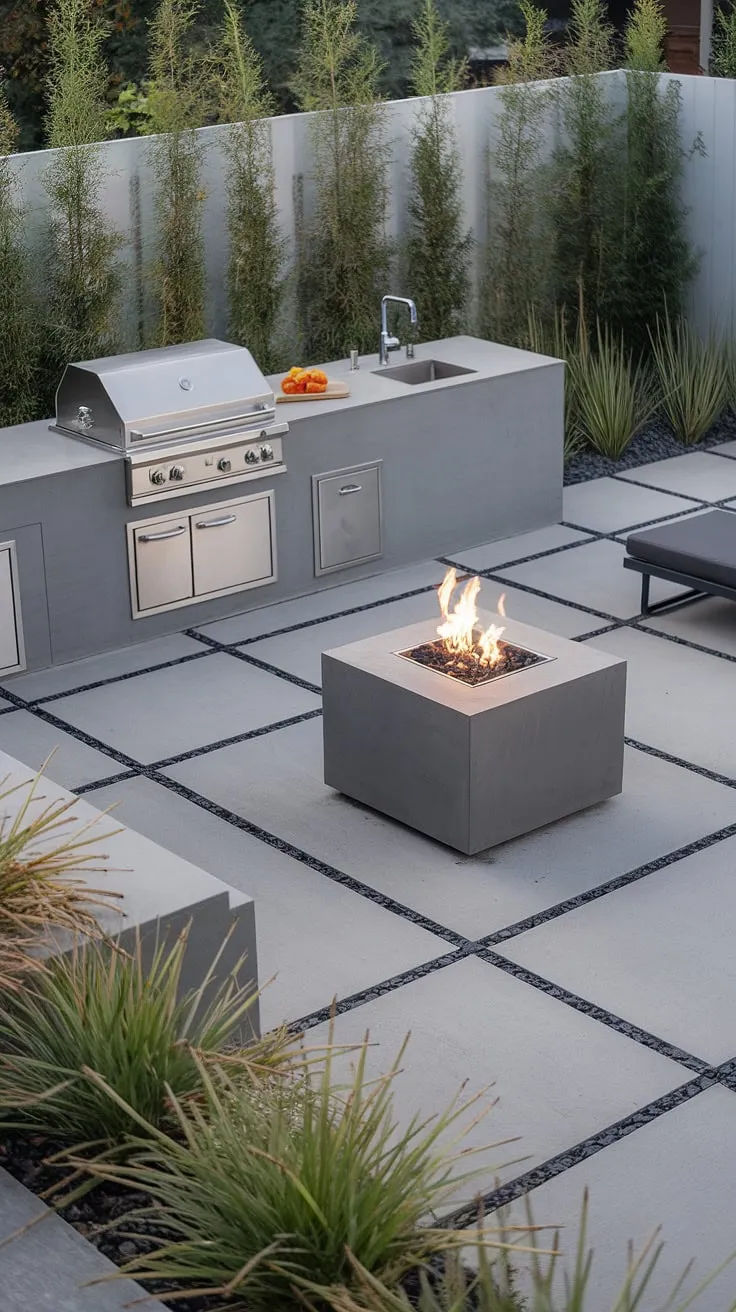Modern outdoor living at its finest. This sleek gray kitchen and cube fire pit create a sophisticated and functional space for entertaining, perfectly complemented by the calming greenery and minimalist design. A perfect blend of form and function, this backyard oasis offers a tranquil escape.