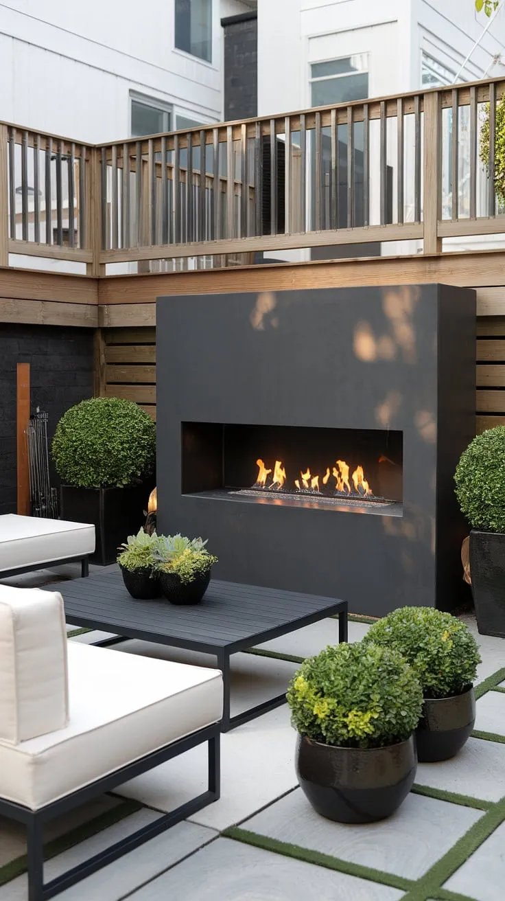 Modern backyard oasis. The sleek black fireplace provides warmth and ambiance, perfectly complementing the white outdoor furniture and minimalist design. A touch of greenery adds life to this sophisticated space, creating the perfect setting for relaxation and entertaining. A truly stunning outdoor living area.