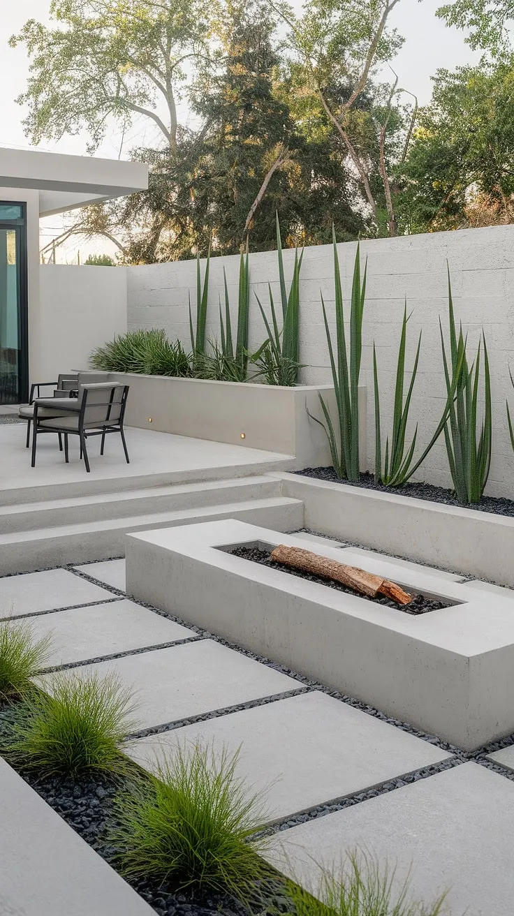 This minimalist backyard oasis is a testament to the power of simple design. A sleek concrete patio, punctuated by a linear fire pit, provides a sophisticated space for outdoor living. The low white wall, adorned with potted plants, adds a touch of elegance, while the carefully chosen landscaping creates a sense of calm and understated luxury. A perfect blend of form and function.