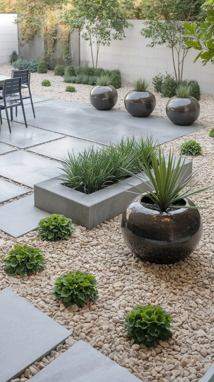 Modern minimalism meets lush greenery. The clean lines of the concrete patio and pebble ground are beautifully offset by the vibrant green plants spilling from large black pots and a rectangular planter, creating a tranquil outdoor oasis. This backyard is a testament to the power of simple, elegant design.