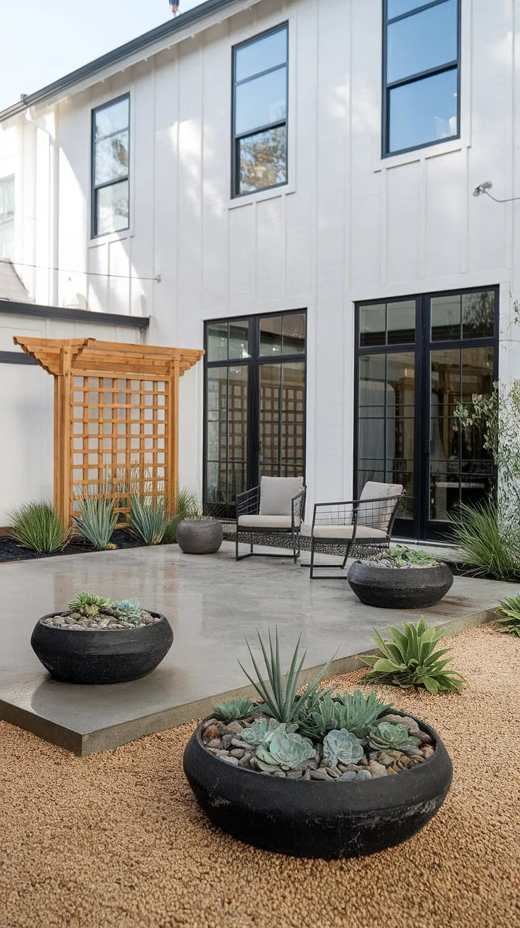 Clean lines and lush textures meet in this contemporary outdoor space. Large, round black planters filled with succulents provide pops of color against the neutral palette of the concrete patio and pea gravel. The architectural trellis and two-story white house create a stunning backdrop for relaxed evenings spent on the patio.