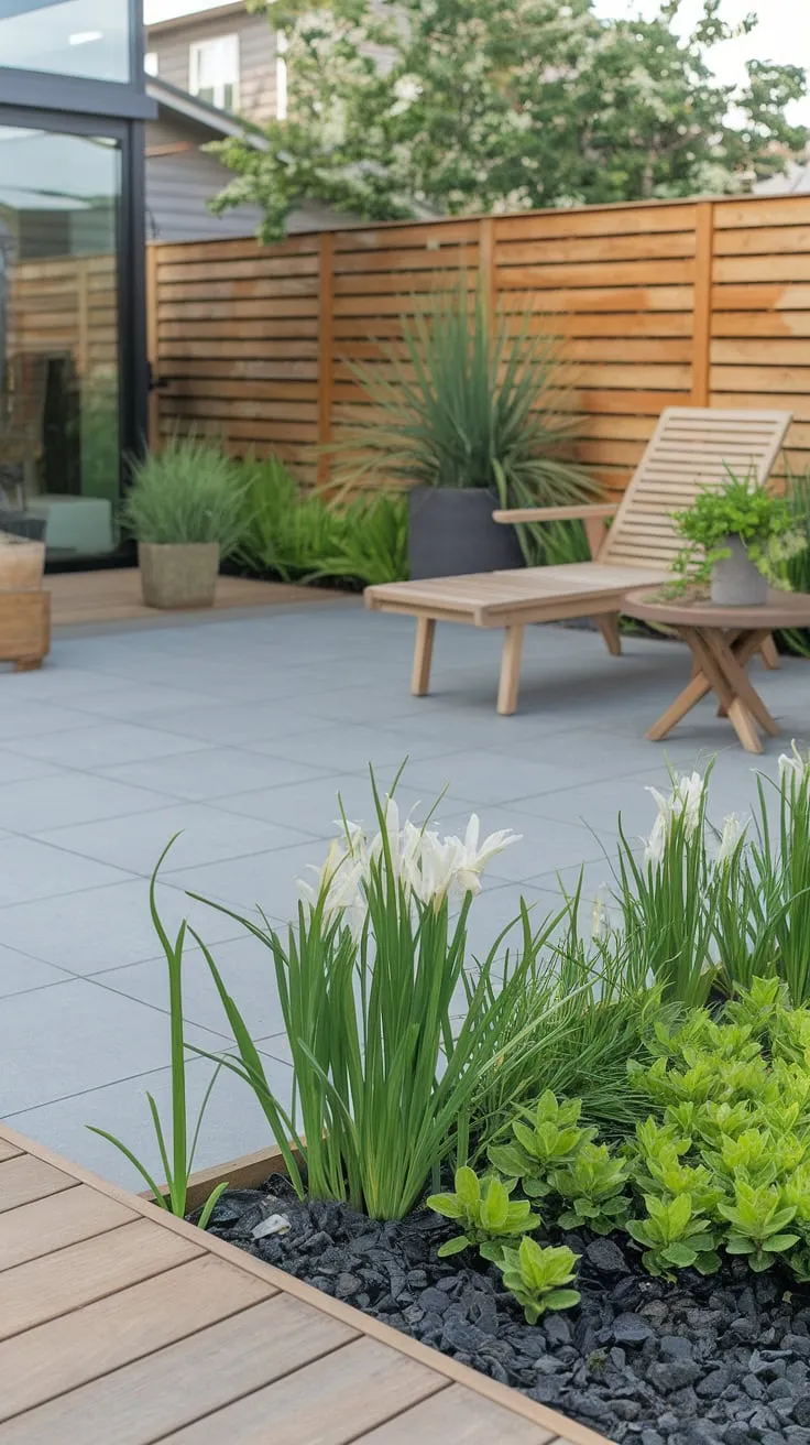 Escape to this serene backyard retreat. The gray patio and surrounding wood deck create a stylish and inviting space for outdoor living. A simple yet elegant arrangement of plants and furniture, including a comfortable lounge chair, makes this the ideal spot to unwind and enjoy the peaceful ambiance. The wooden fence provides a sense of seclusion and privacy.