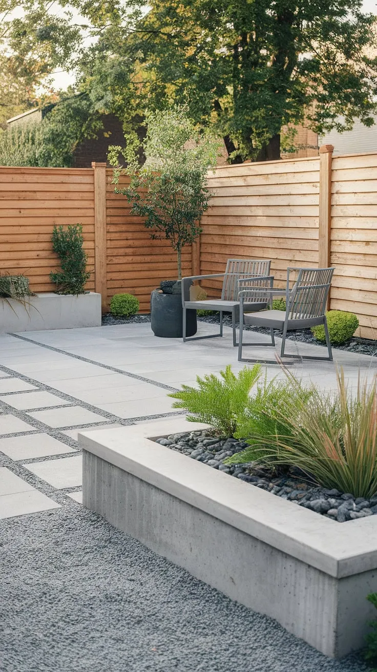 This modern backyard oasis, complete with a paved patio and low concrete walls, offers the perfect spot for al fresco dining. The gravel ground and potted plants add texture and a touch of nature, while the wooden fence provides a sense of privacy and seclusion. A tranquil escape awaits.
