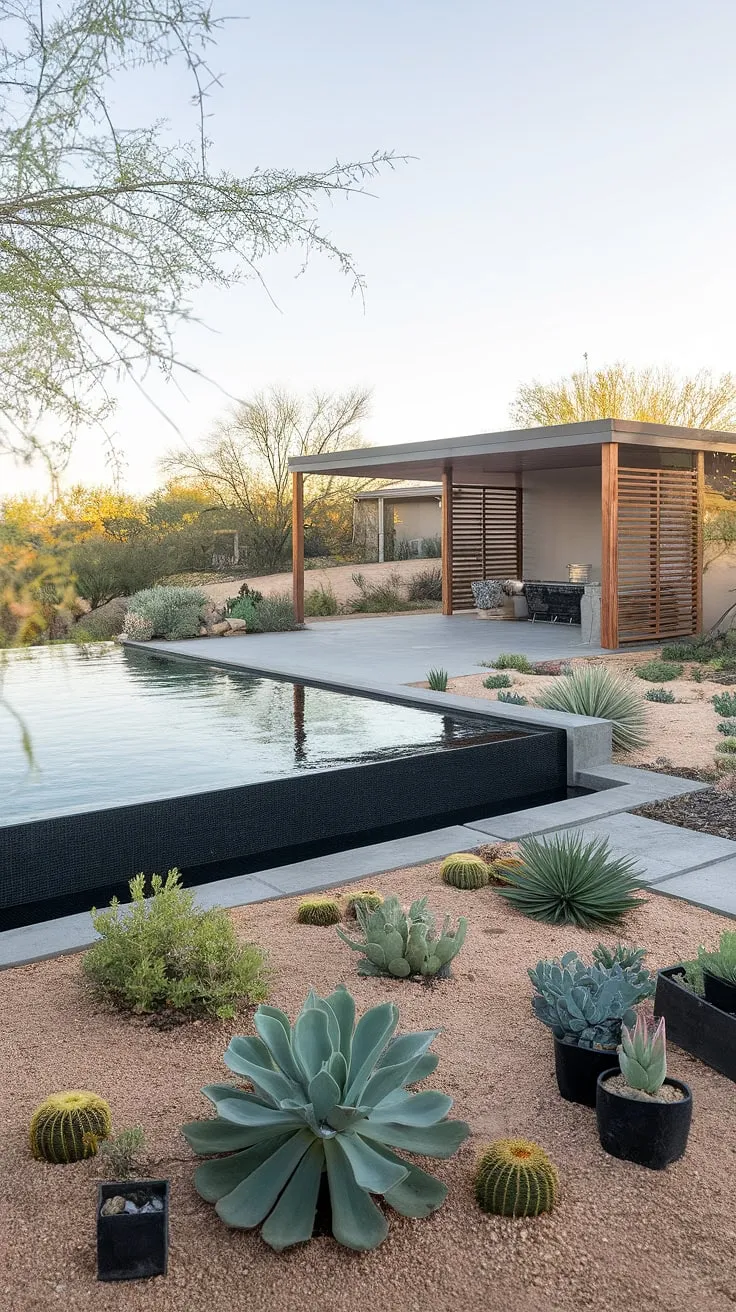 Desert modern meets tranquil escape. The sleek infinity pool, a dark reflection of the sky, is perfectly complemented by the minimalist pavilion and drought-tolerant landscaping, creating an oasis of calm. A sanctuary for quiet contemplation and stylish outdoor living.