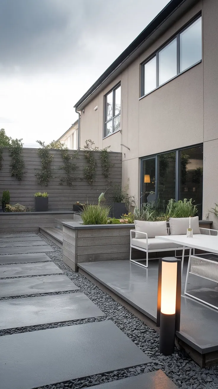 Modern minimalist backyard oasis. The grey concrete patio, punctuated by a sleek white seating area and a tall black lamp, creates a sophisticated space for outdoor relaxation. A raised wooden platform adds a touch of warmth and texture, showcasing potted plants that bring life to the design. The overall effect is one of calm and understated elegance.