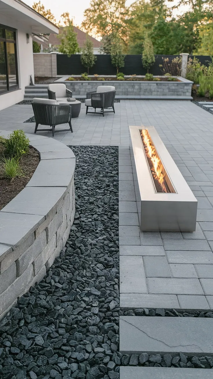 Modern minimalism meets outdoor comfort. The sleek linear fireplace anchors this serene backyard oasis, its warmth perfectly complementing the cool grey pavers and black gravel. A low stone wall adds a touch of texture, creating a sophisticated space for relaxation and entertaining. A perfect blend of form and function.